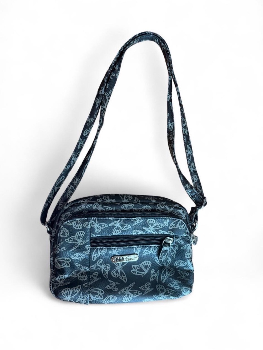 Butterfly-Print Navy Crossbody Shoulder Bag